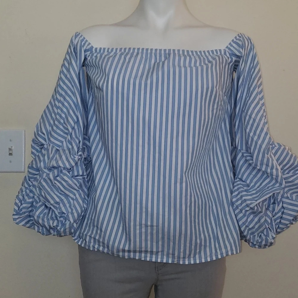 Petersyn Women’s Off-Shoulder Blue & White Striped Top - Picture 2 of 15